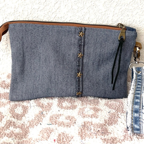 Bohemian Unique One-of-a-Kind Denim Patchwork Clutch with removable Wrist Handle - Picture 10 of 16